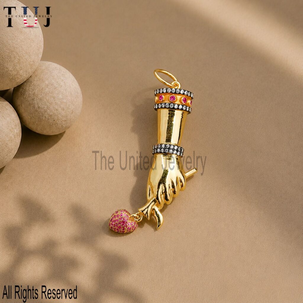 925 Sterling Silver Figa Hand Pendant, Italian Mano Fico Charm, Gold Plated Hand Necklace