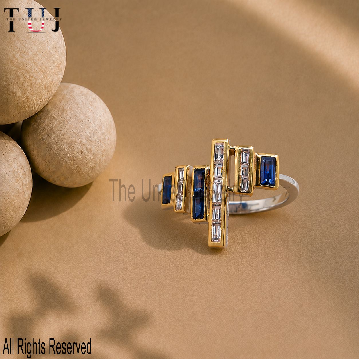 925 Sterling Silver Gold Plated Baguette Ring, Blue Sapphire CZ Geometric Art Deco Statement