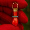 Open and Close Lock Cap Handmade Carved Coral & Turquoise Figa Hand Lucky Charm Pendant
