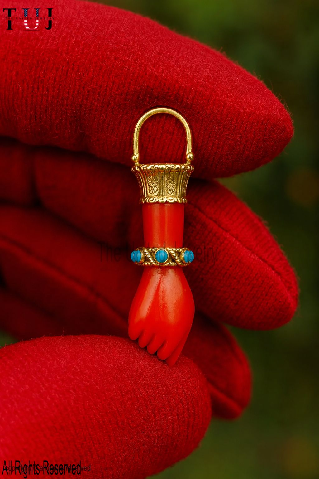 Open and Close Lock Cap Handmade Carved Coral & Turquoise Figa Hand Lucky Charm Pendant