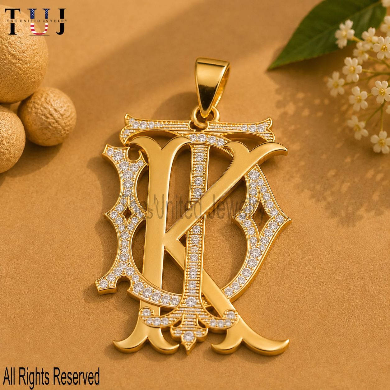 TDK Moissanite Monogram Pendant, 925 Sterling Silver Gold-Plated Three-Letter Initial Charm