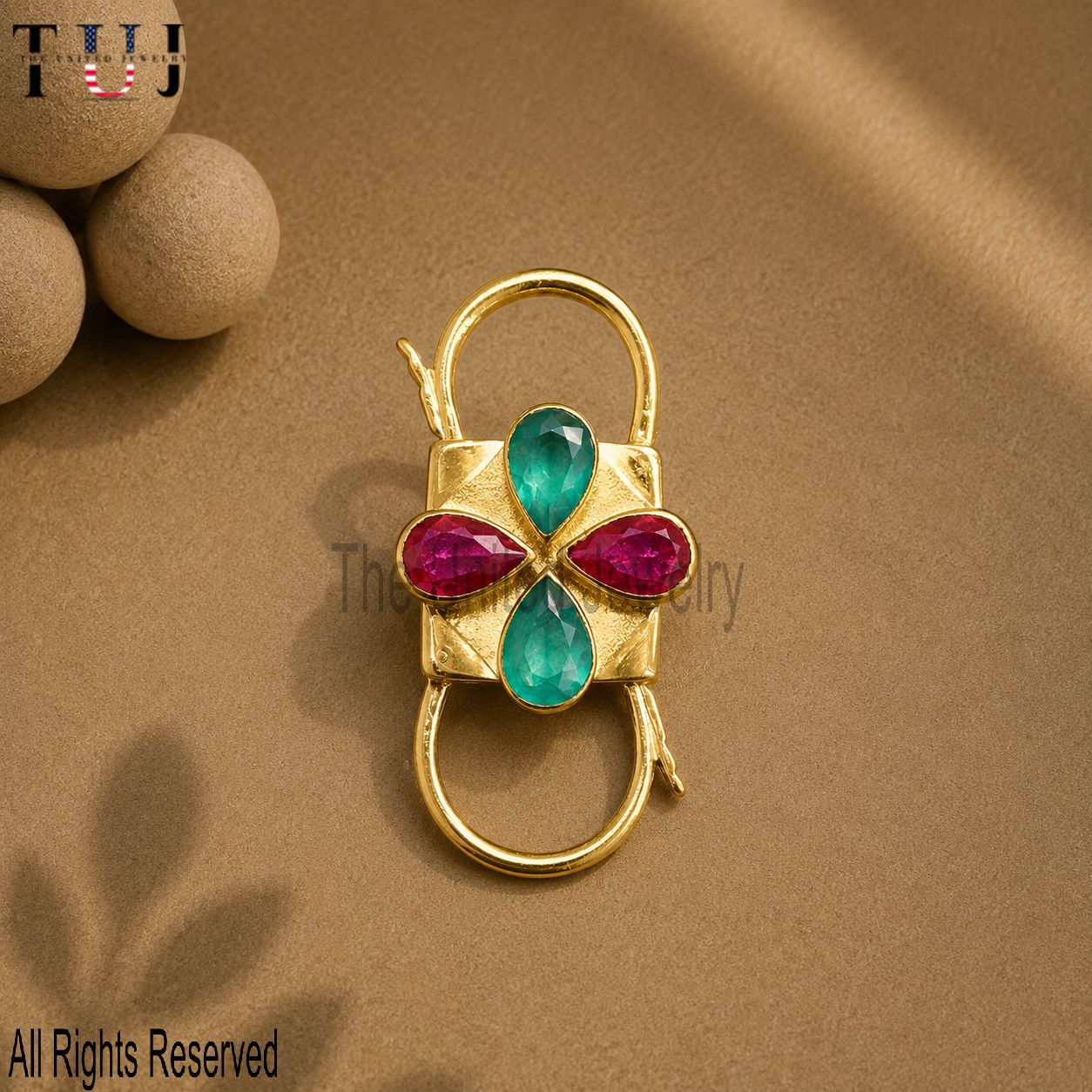 Sterling Silver Padlock Clasp, Pink Green Gemstone Double Carabiner Connector