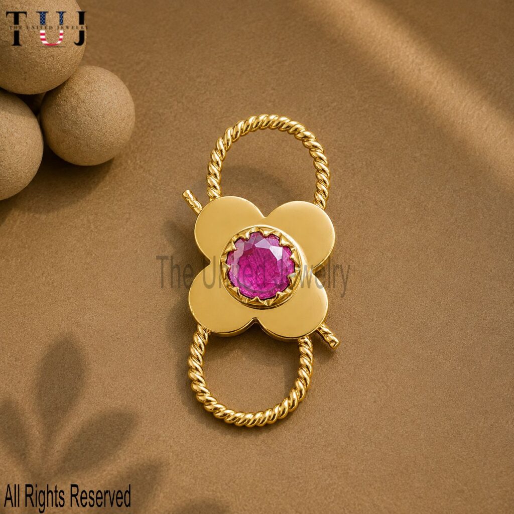 Sterling Silver Flower Padlock Clasp, Pink Gemstone, Twisted Rope Carabiner Connector