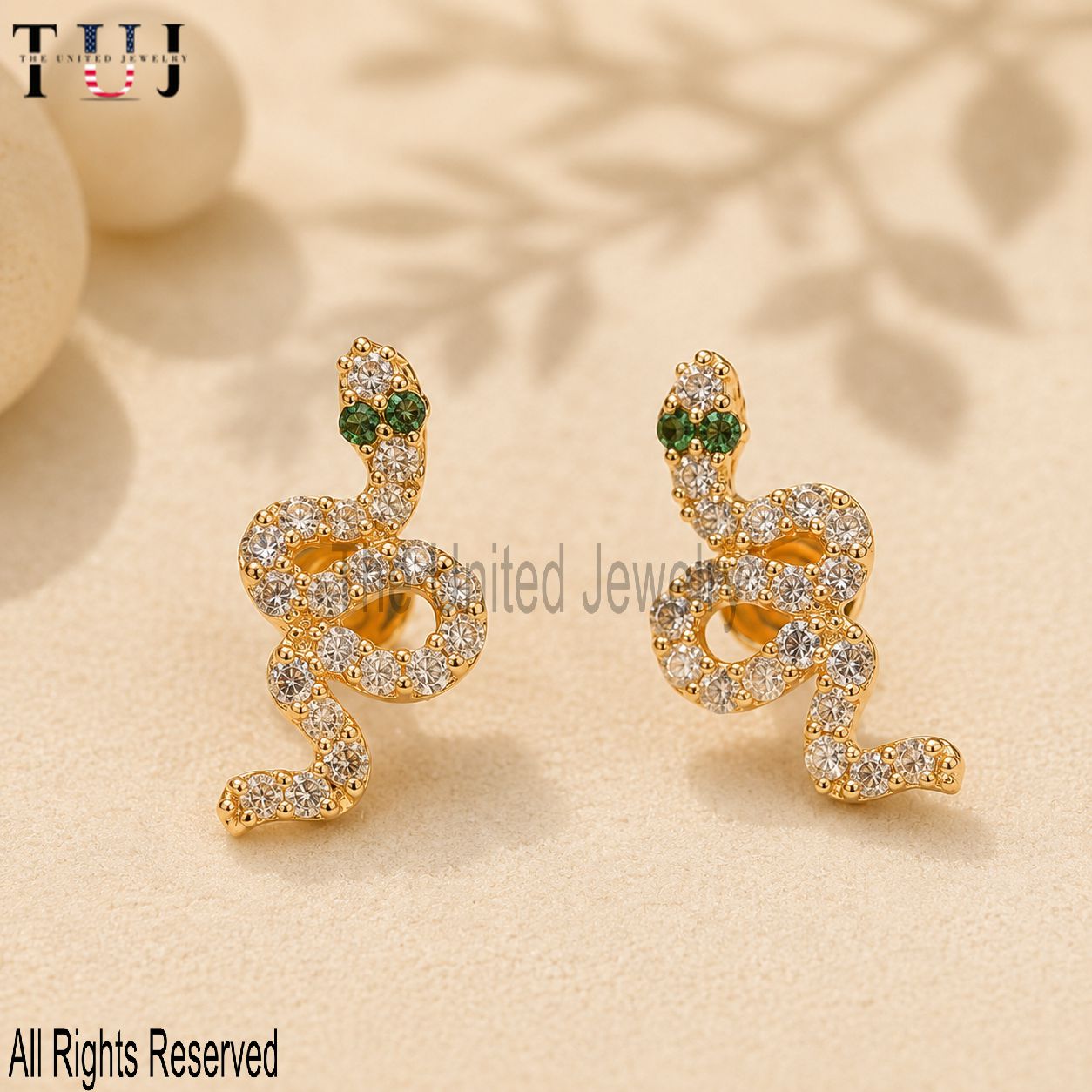 14K Yellow Gold Snake Stud Earrings, Pavé Diamond Emerald Eyes