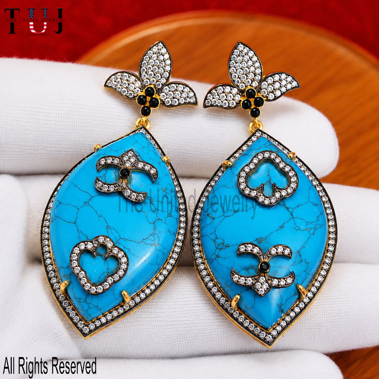 Solid 925 Sterling Silver Turquoise Statement Earrings, Pave Diamond Floral Dangle Earrings