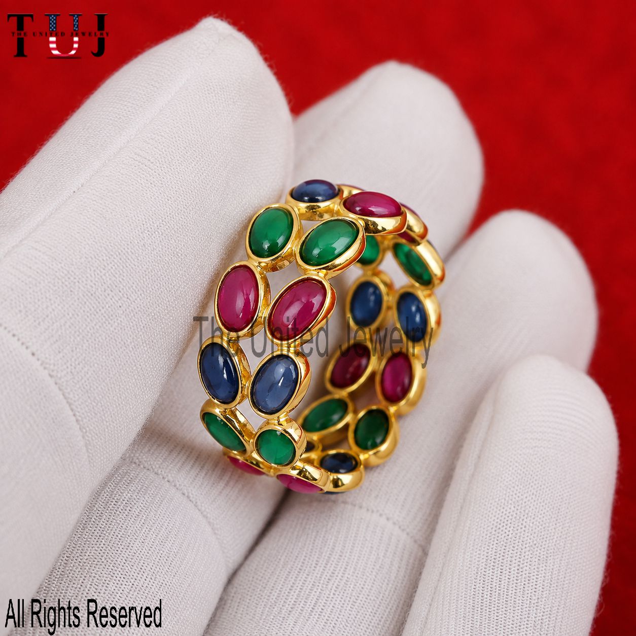 18K Solid Gold Multicolor Gemstone Open Band Ring, Handmade Cocktail Statement Jewelry
