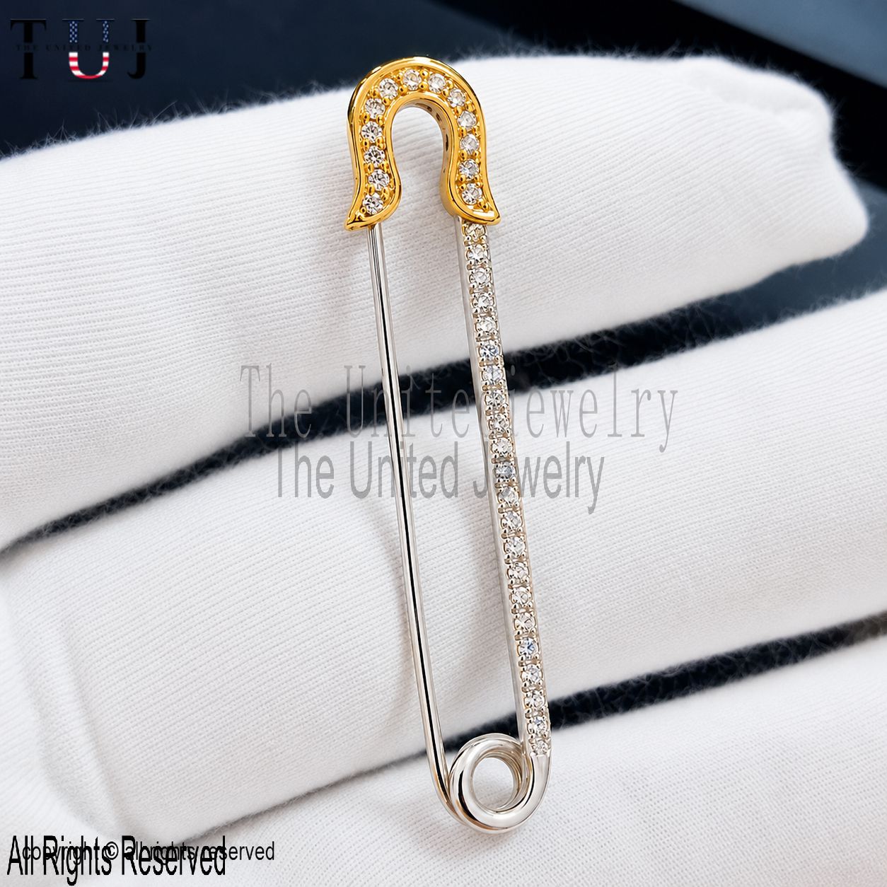 Two Tone Sterling Silver Diamond Safety Pin Pendant: Modern Paper Clip Brooch