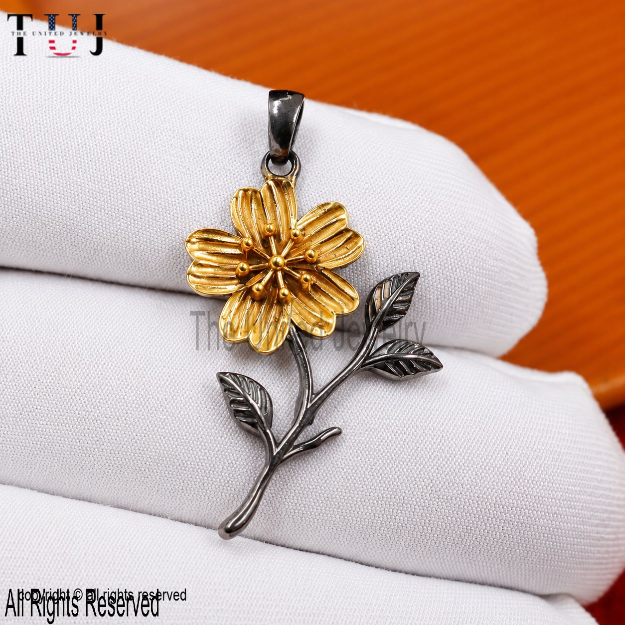 Two-Tone Sterling Silver Cherry Blossom Pendant - Floral Nature Jewelry