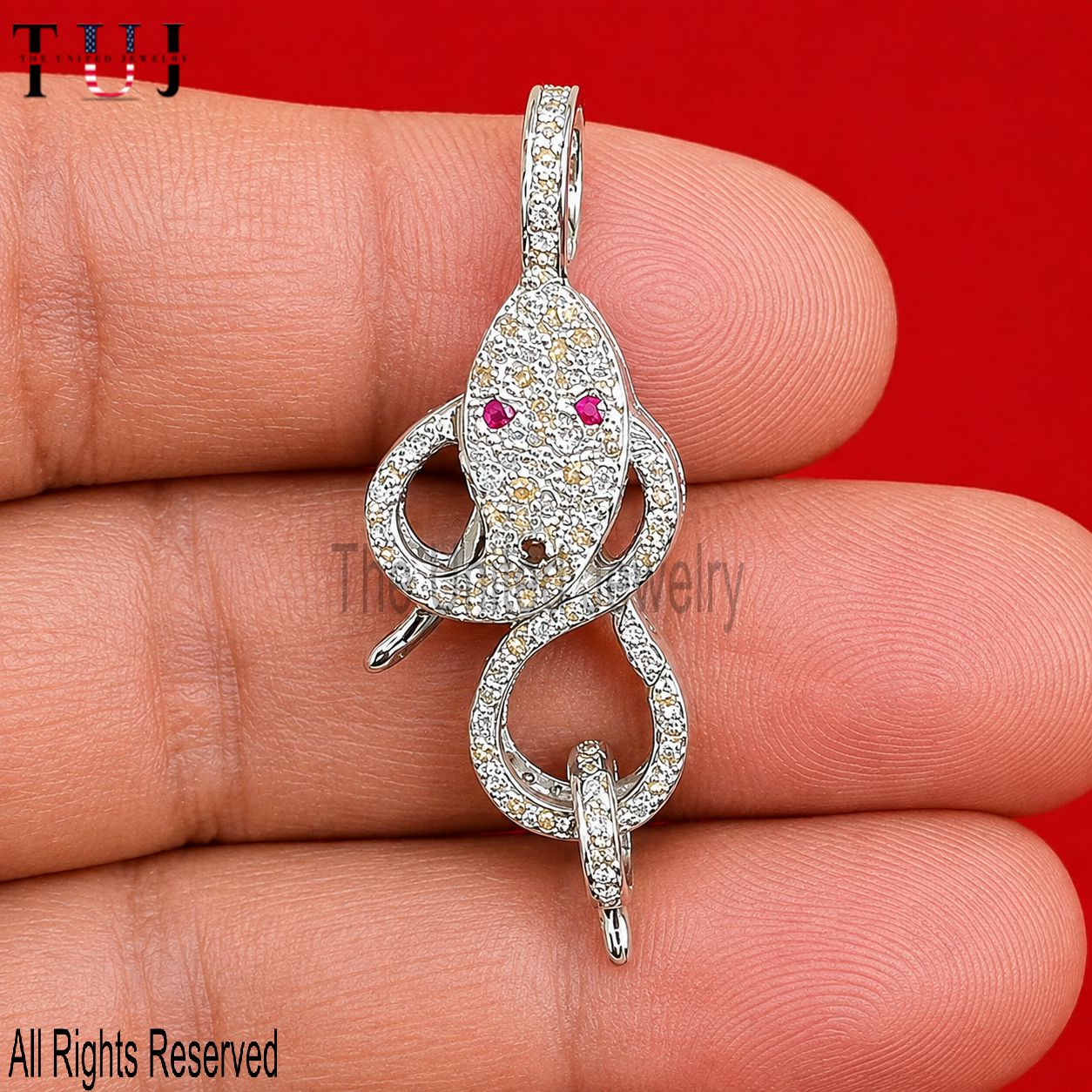 Sterling Silver Snake Clasp Lock, Pave Diamond, Ruby Eyes, Handmade Jewelry Connector