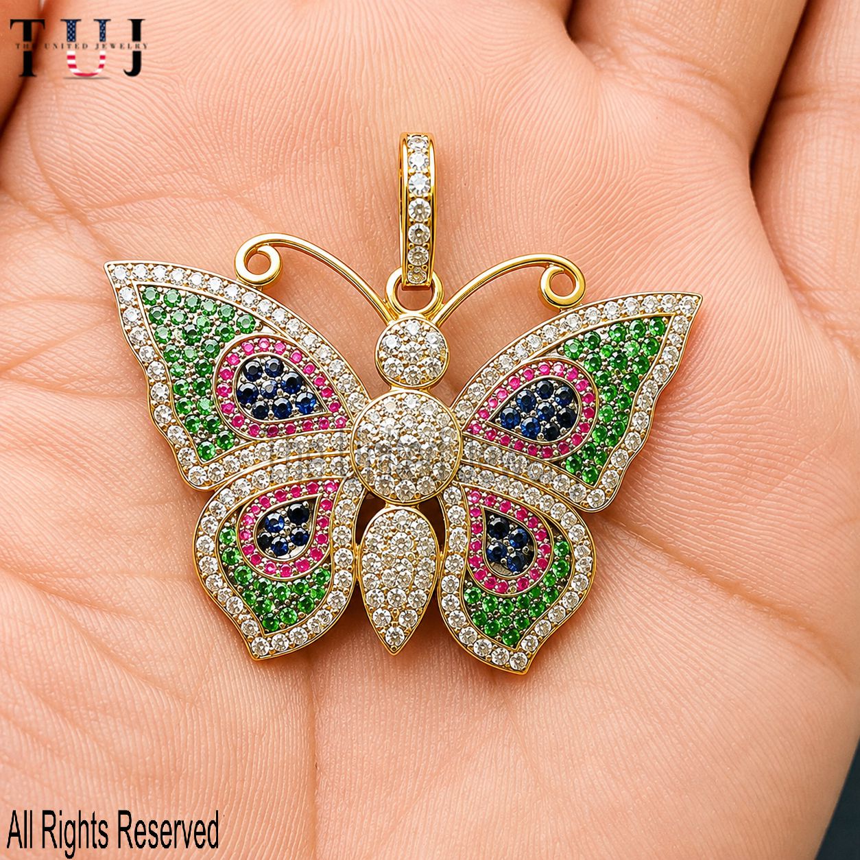 Multicolor Sapphire Diamond Butterfly Pendant: 925 Sterling Silver, 40mm