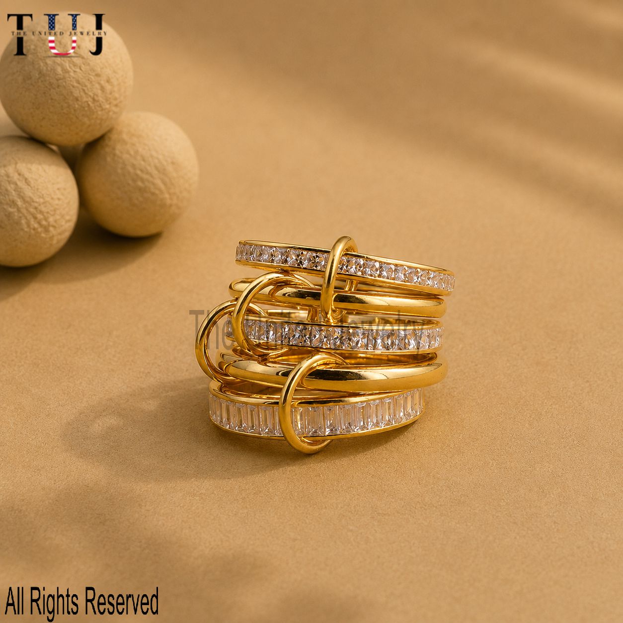 925 Sterling Silver Interlinked Baguette Statement Ring, Stackable Layered Jewelry