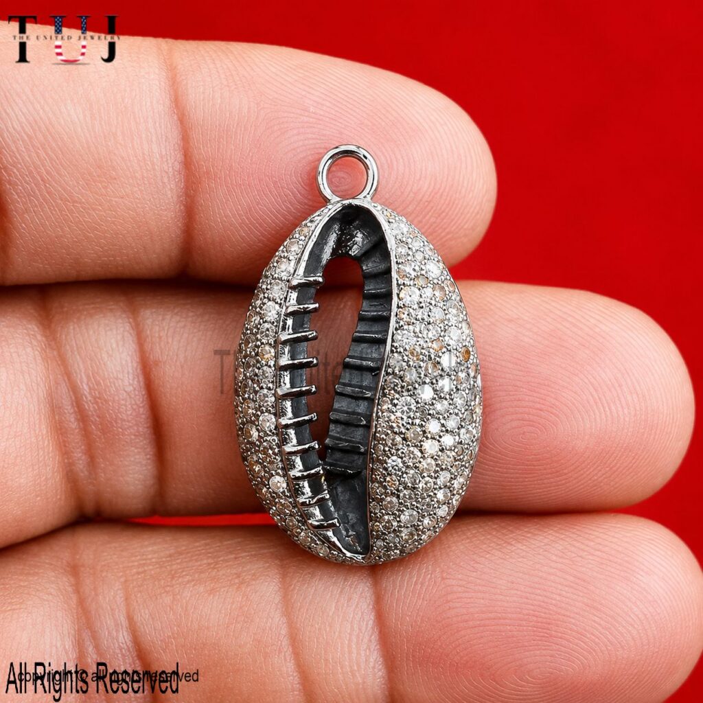 Pave Diamond Cowrie Shell Pendant: Sterling Silver Boho Necklace