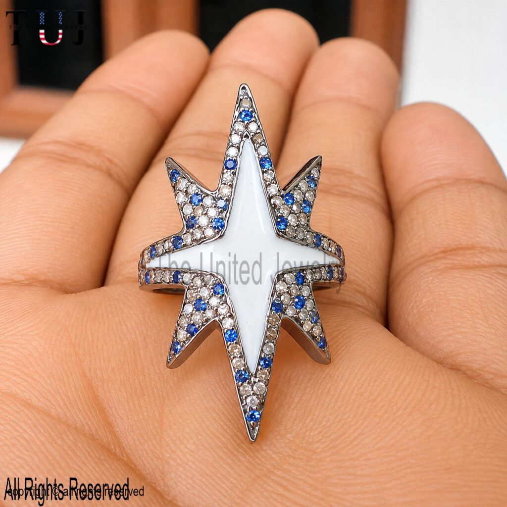 925 Sterling Silver Starburst Ring, Blue White CZ Celestial Statement Ring
