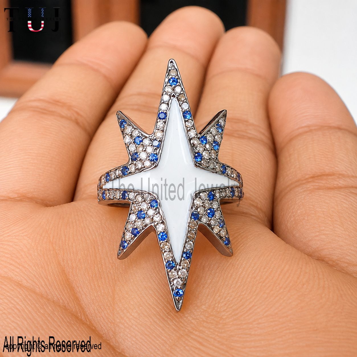 925 Sterling Silver Starburst Ring, Blue White CZ Celestial Statement Ring