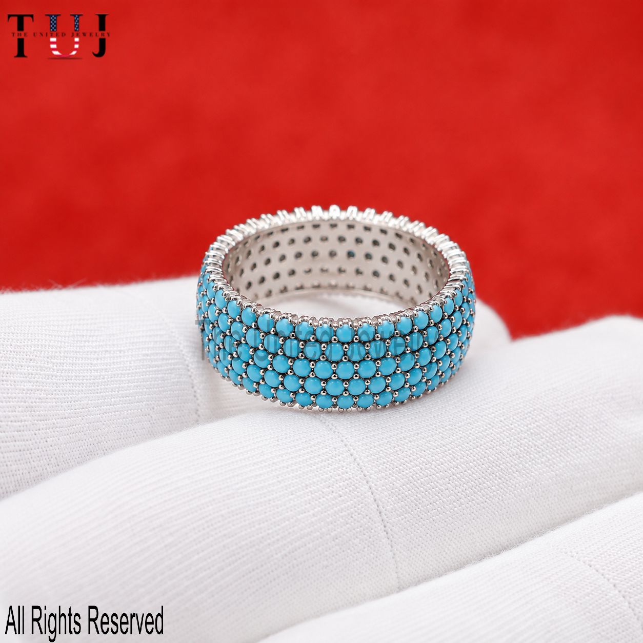 925 Sterling Silver Blue Stone Pave Band Ring, Turquoise CZ Eternity Stackable