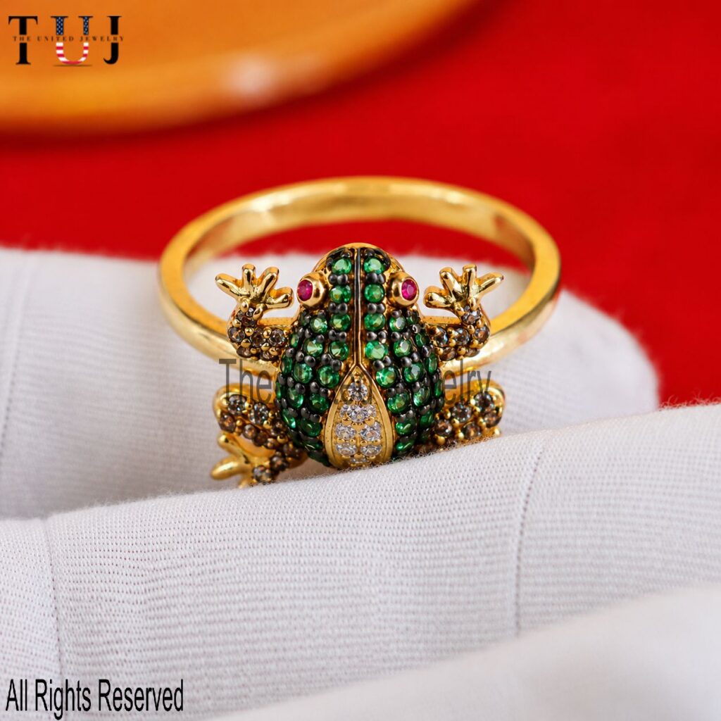 Sterling Silver Gold Plated Frog Ring, Green Stone Animal Jewelry
