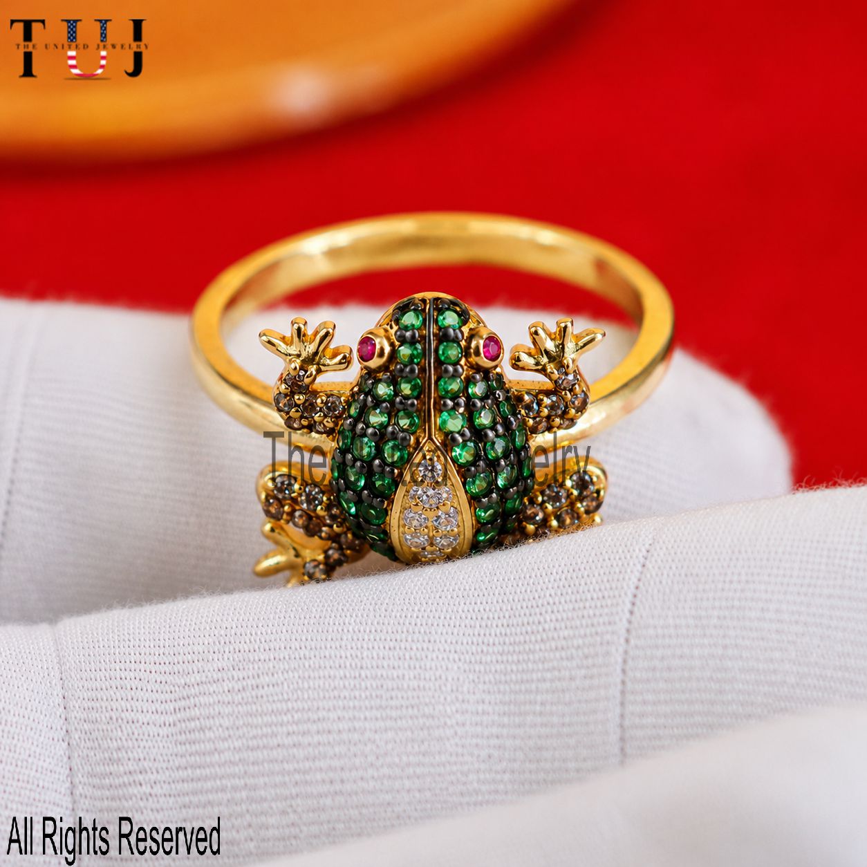 Sterling Silver Gold Plated Frog Ring, Green Stone Animal Jewelry