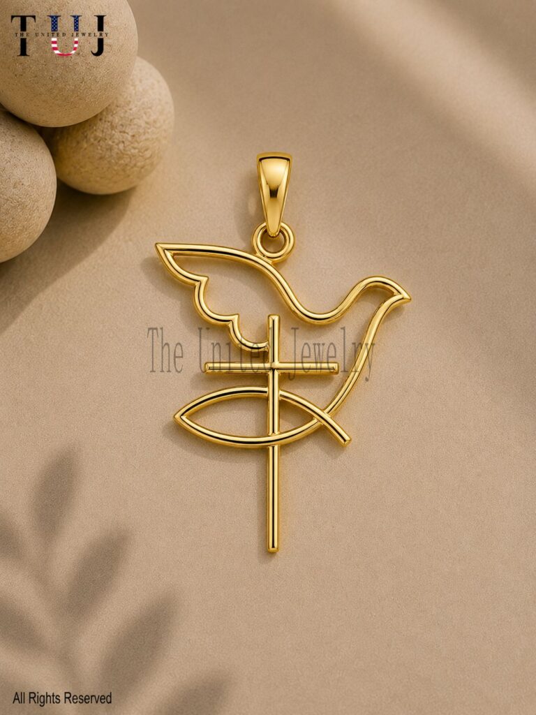 Sterling Silver Dove Cross Ichthys Pendant, Religious Faith Charm