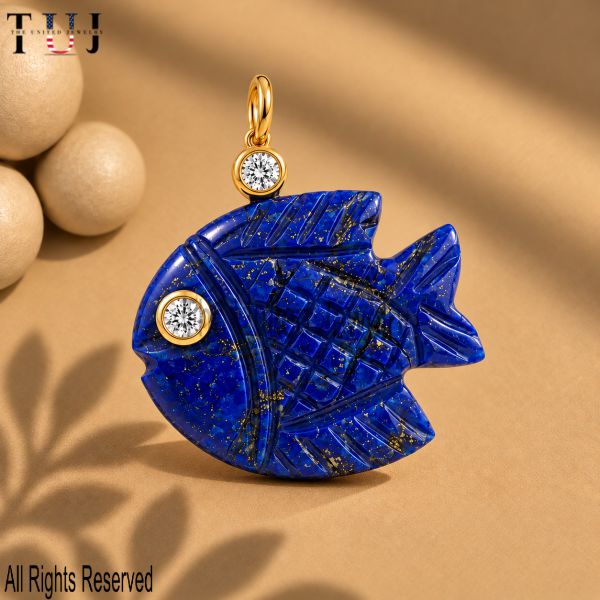 Carved Lapis Lazuli Fish Pendant, White Gemstone Ocean Charm, 925 Sterling Silver