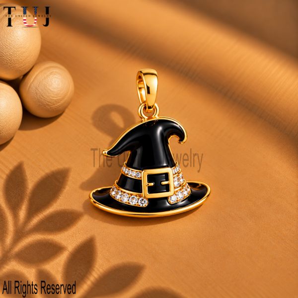 925 Sterling Silver Witch Hat Pendant, Halloween Charm, Black Enamel Witch Jewelry, Gold Plated Spooky Pendant