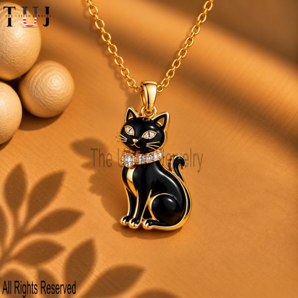 925 Sterling Silver Black Cat Pendant, Halloween Cat Charm, Black Enamel Cat Jewelry, Gold Plated Spooky Pendant