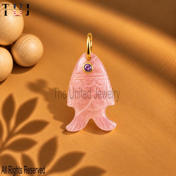 Carved Rose Quartz Fish Pendant, Purple Gemstone, Gold Plated Sterling Silver Ocean Jewelry