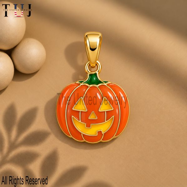 Halloween Pumpkin Pendant, 925 Sterling Silver Enamel Jack O Lantern Charm, Gold Plated Pumpkin Jewelry, Halloween Gift