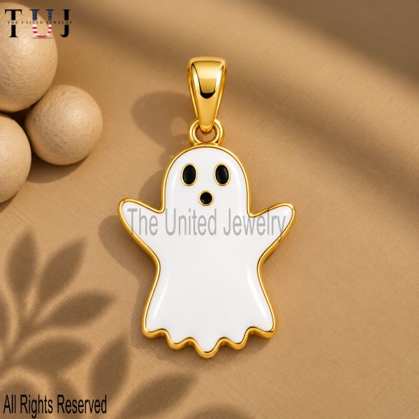 Halloween Ghost Pendant, 925 Sterling Silver White Enamel Ghost Charm, Gold Plated Spooky Pendant, Halloween Jewelry Gift