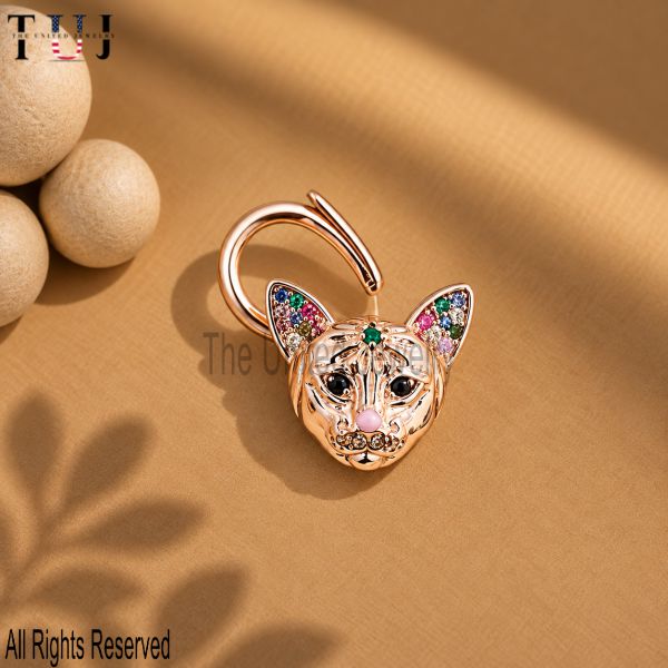 925 Sterling Silver Cat Padlock Clasp, Multicolor Gemstone Cat Lock, Rose Gold Charm Holder, Animal Jewelry Connector