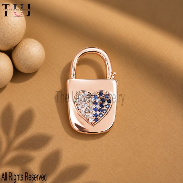 925 Sterling Silver Heart Padlock Clasp, Pave Blue White CZ Lock, Rose Gold Charm Holder, Love Jewelry Connector