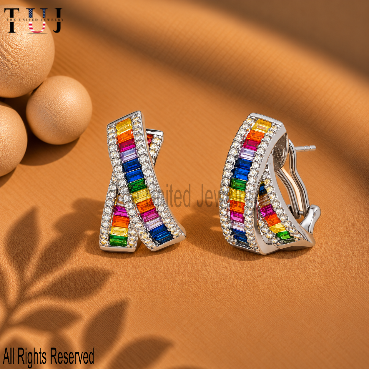 925 Sterling Silver Rainbow Baguette Earrings, Multicolor Gemstone Criss Cross Earrings, Colorful Statement Jewelry