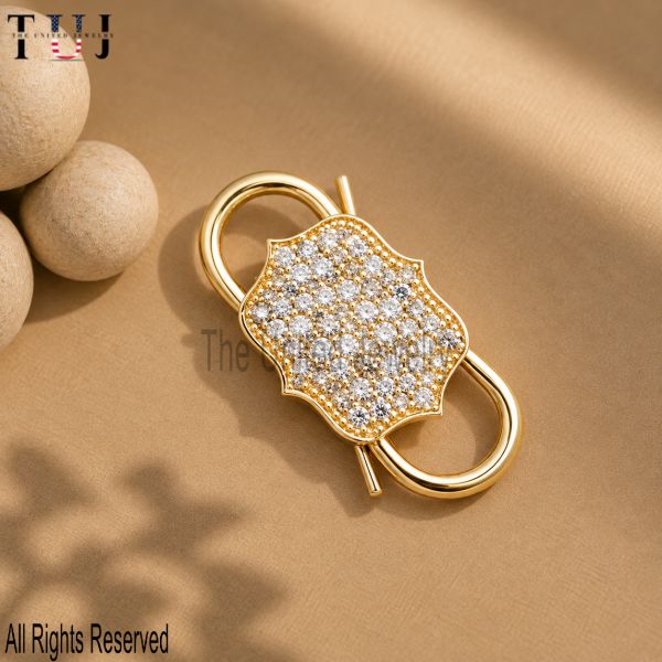 925 Sterling Silver Pave Padlock Clasp, CZ Double Lock Charm Holder, Gold Plated Jewelry Connector