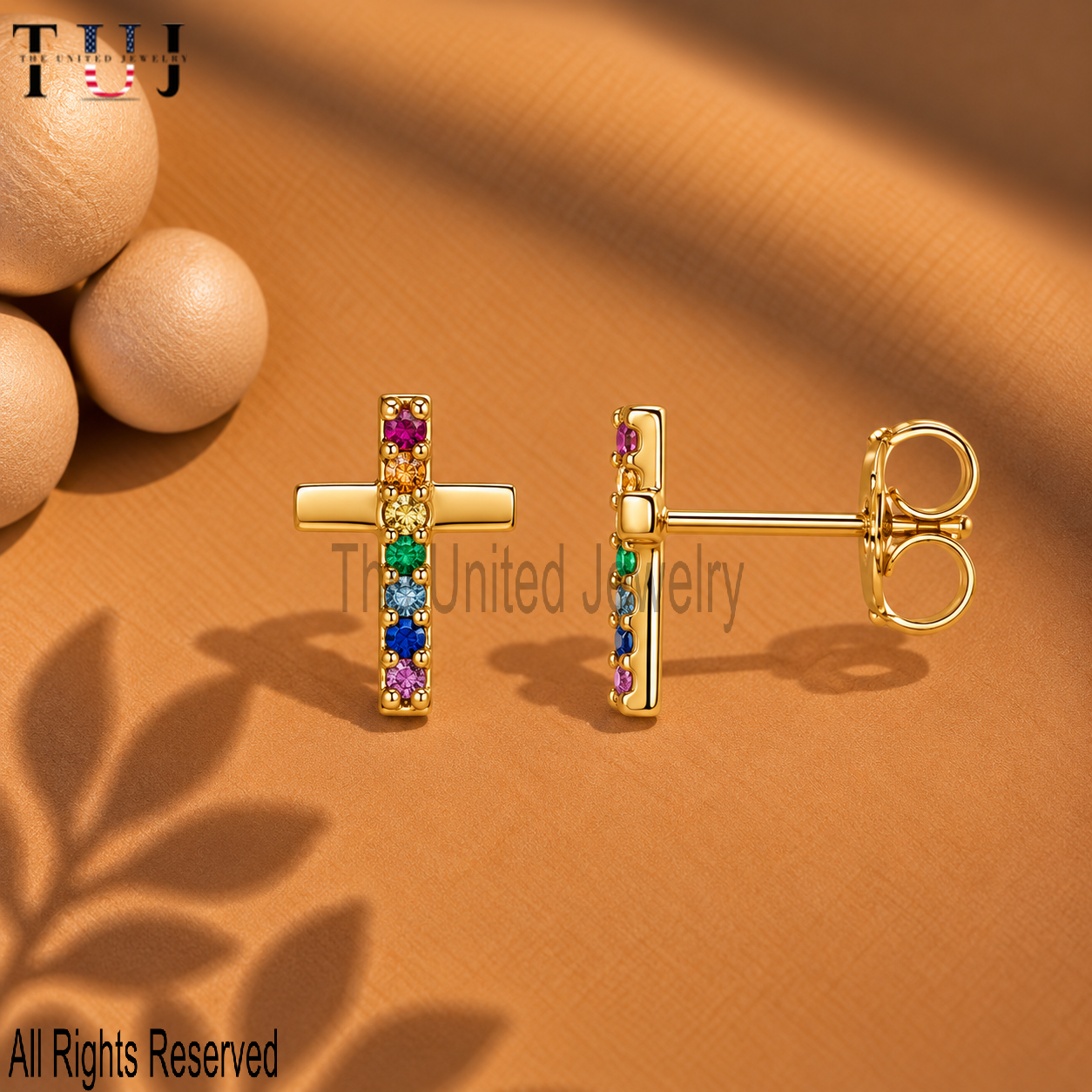 925 Sterling Silver Rainbow Cross Stud Earrings, Multicolor Gemstone Cross Earrings, Gold Plated Religious Jewelry