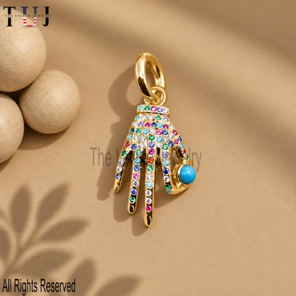 Gold Plated Figa Hand Pendant, Multicolor CZ Hand Charm, Turquoise Evil Eye Protection Necklace