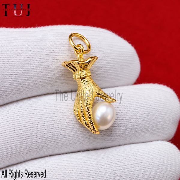 Gold Figa Hand Pendant with Pearl, Italian Mano Fico Charm, Lucky Protection Amulet Necklace