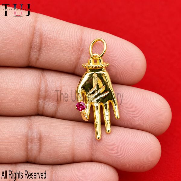 Gold Figa Hand Pendant, Red CZ Charm, Italian Protection Amulet, Evil Eye Lucky Charm
