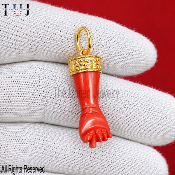 Red Coral Figa Hand Pendant Gold, Italian Mano Fico Charm, Protection Amulet Necklace