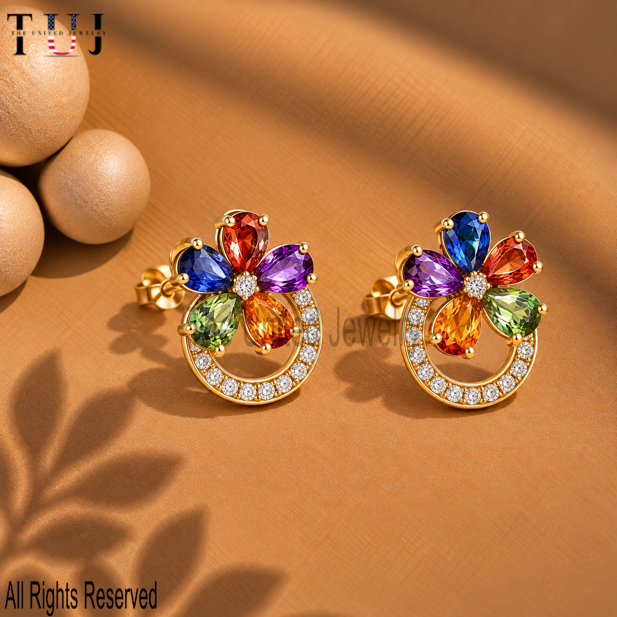 925 Sterling Silver Multicolor Flower Earrings, Rainbow Gemstone Stud Earrings, Floral Statement Jewelry, Gold Plated Earrings