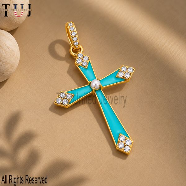 Turquoise Enamel Cross Pendant, Pearl and White Gemstone Religious Charm, 925 Sterling Silver