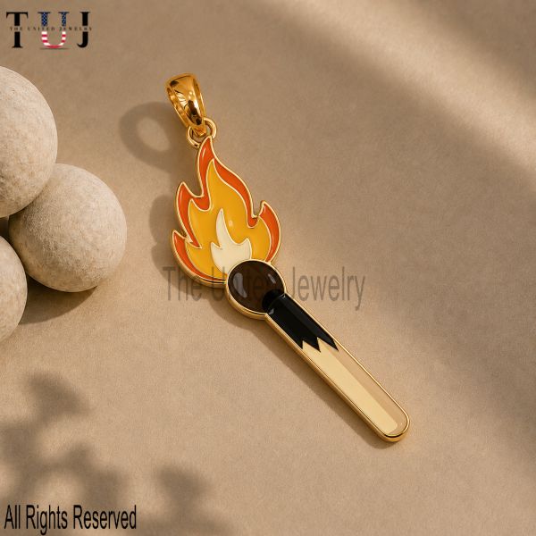 Gold Fire Matchstick Enamel Pendant – Flame Charm