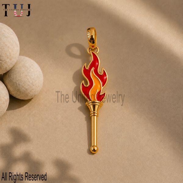 Gold Fire Torch Enamel Pendant – Flame Charm