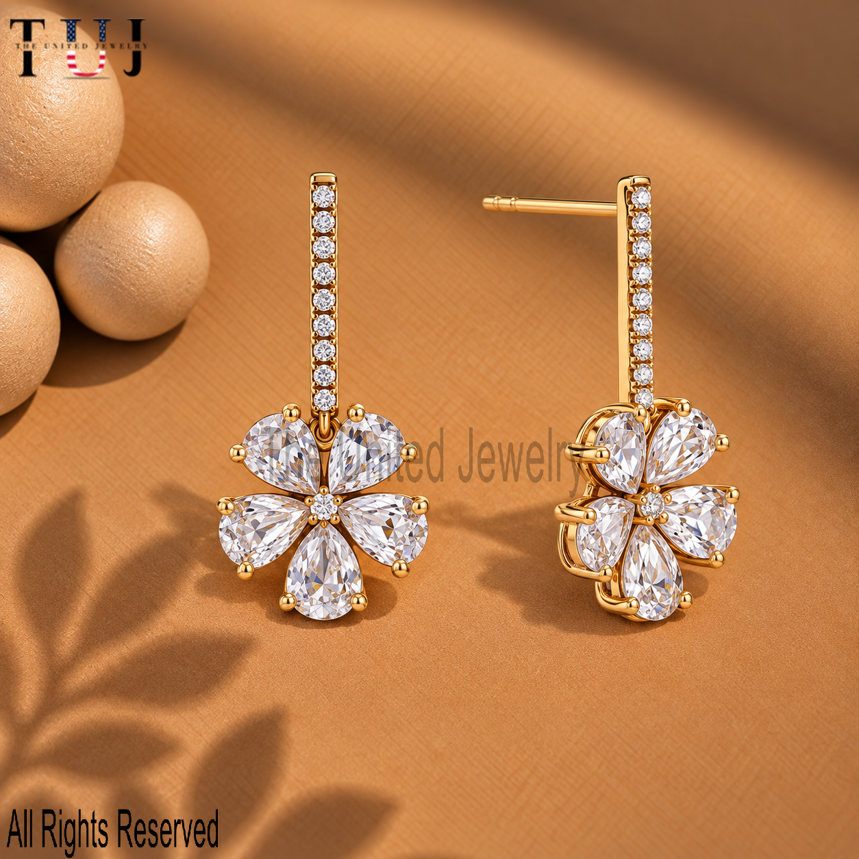 925 Sterling Silver Flower Drop Earrings, Pear Cut White Stone Floral Earrings, Gold Plated Dangle Earrings