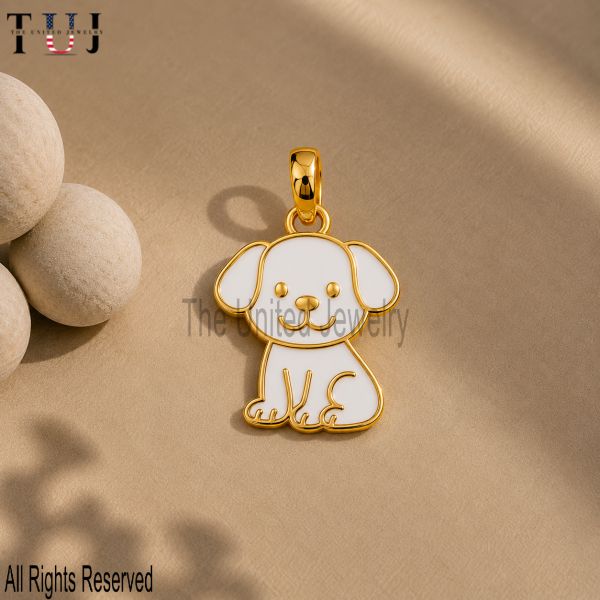 925 Sterling Silver Puppy Pendant, White Enamel Dog Charm, Gold Plated Pet Jewelry