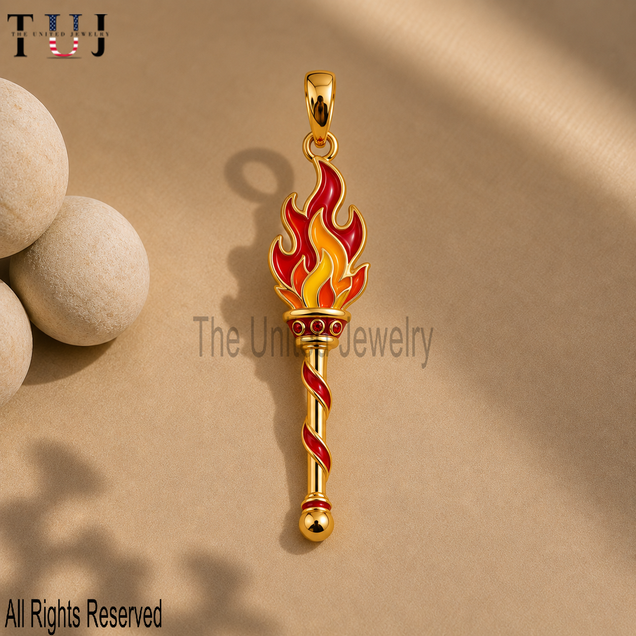 Gold Fire Torch Enamel Pendant – Flame Torch Charm