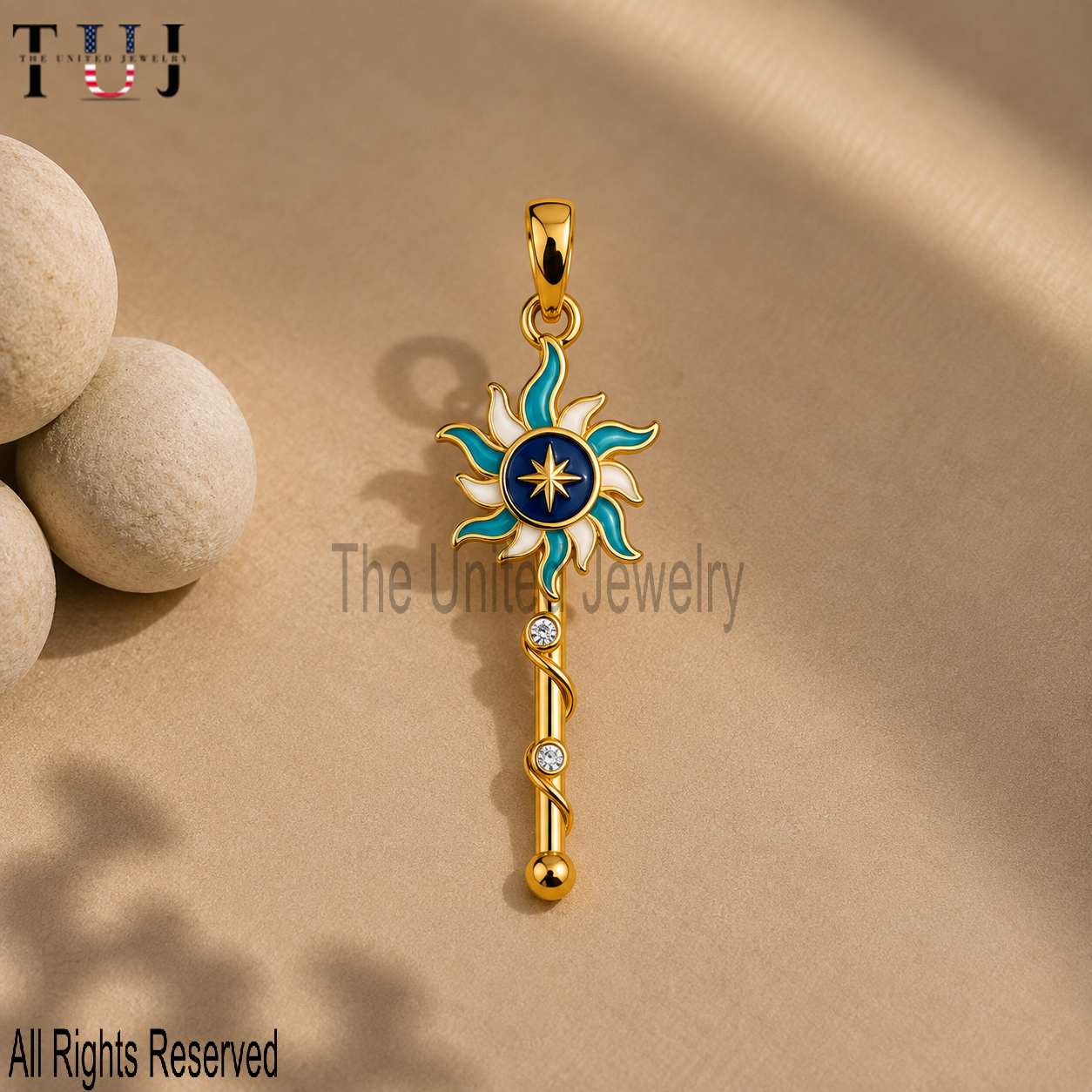Celestial Sun Wand Pendant – Blue Enamel Star Charm