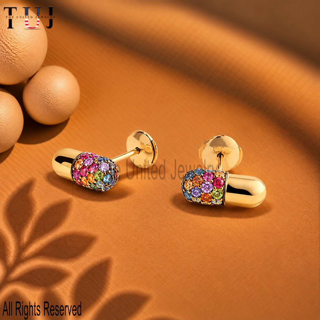925 Sterling Silver Capsule Stud Earrings, Multicolor Gemstone Pill Earrings, Rainbow Pavé Gold Plated Studs