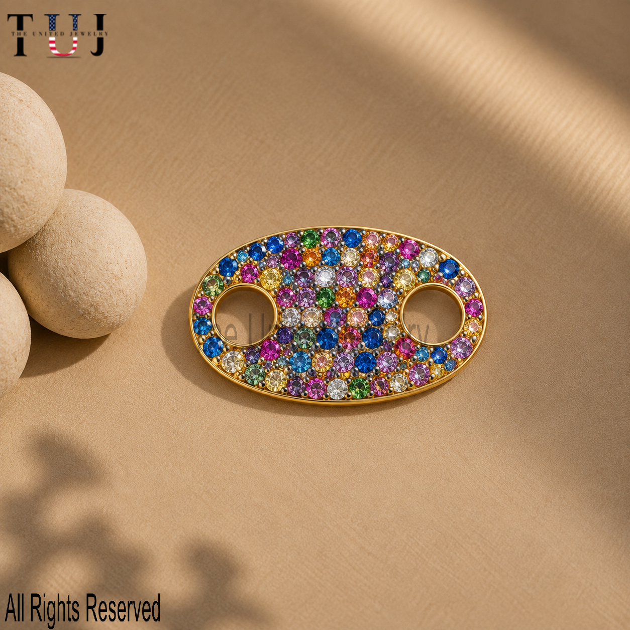 Rainbow Pave Oval Connector – Gold Link Charm
