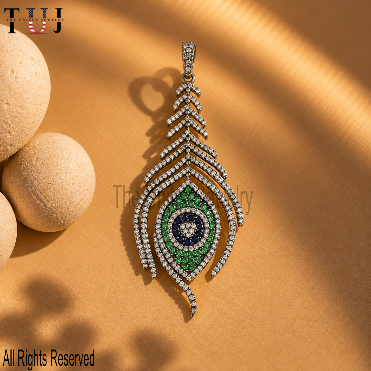 925 Silver Peacock Feather Pendant – Pave Evil Eye Charm
