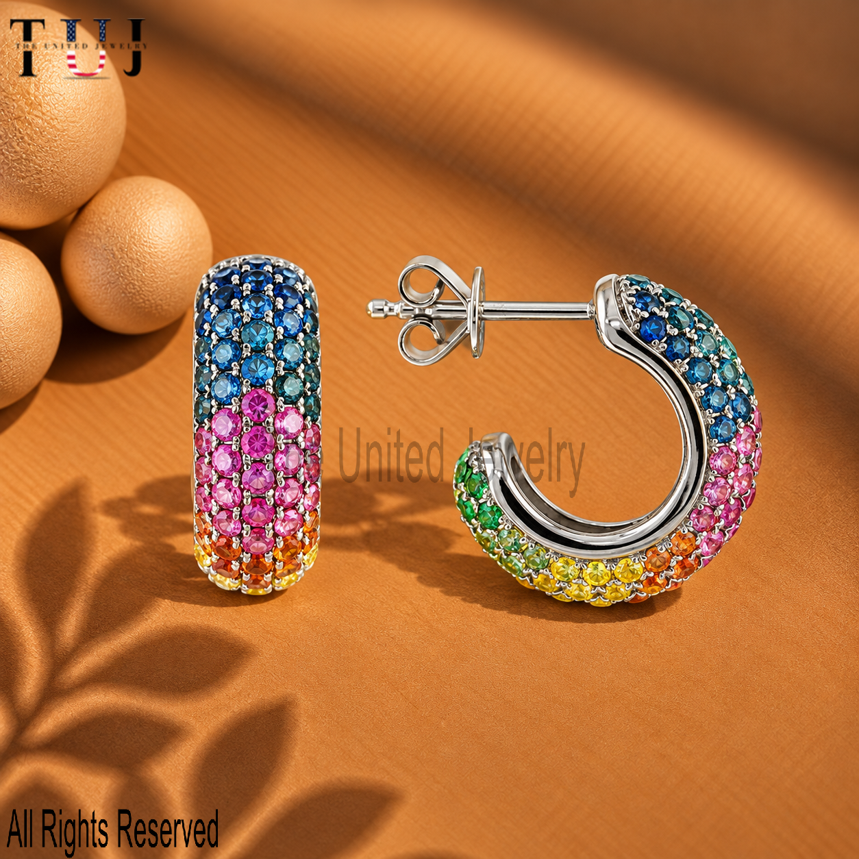 925 Sterling Silver Rainbow Hoop Earrings, Multicolor Pavé Gemstone Hoops, Colorful Statement Earrings