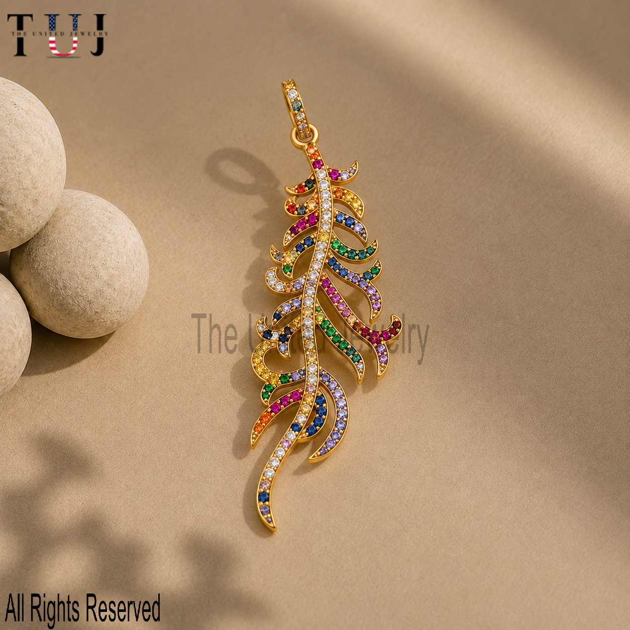 Rainbow Pave Feather Pendant – Gold Leaf Charm